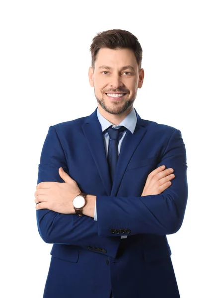 Retrato de hombre de negocios feliz posando sobre fondo blanco — Foto de Stock