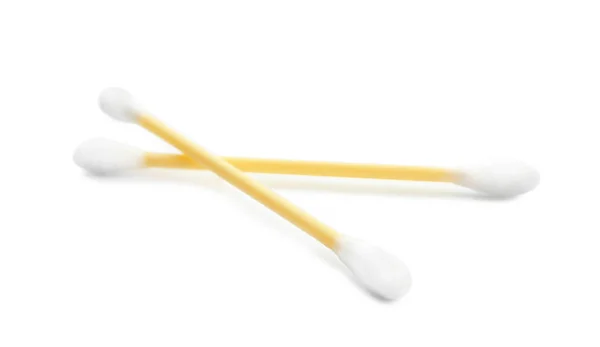 Yellow plastic cotton swabs on white background — Stock Photo, Image