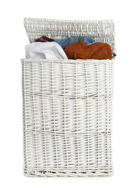 Wicker laundry basket full of dirty clothes on white background — Stock Photo, Image