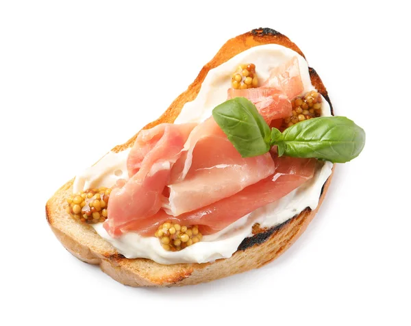 Chutné Bruscheta s prosciutto a hořčicí na bílém pozadí, pohled shora — Stock fotografie