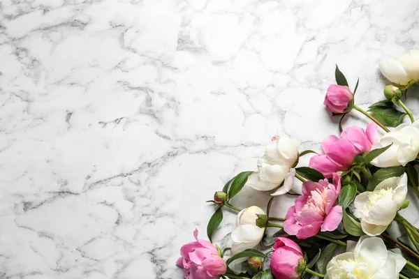 Geurige pioenen op marmeren tafel, bovenaanzicht met ruimte voor tekst. Mooie Lentebloemen — Stockfoto