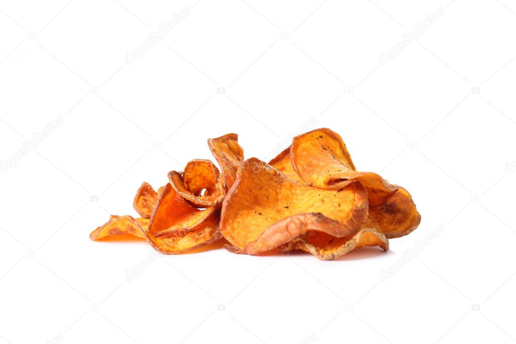 Pile of sweet potato chips isolated on white