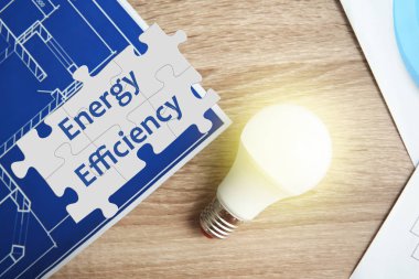 Ahşap masa üzerinde lamba ampul ile Düz yatıyordu kompozisyon. Enerji verimliliği kavramı