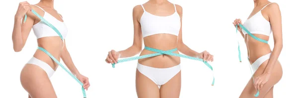 Koláž štíhlé mladé ženy, která měří své tělo páskou na bílém pozadí, uzavřena — Stock fotografie