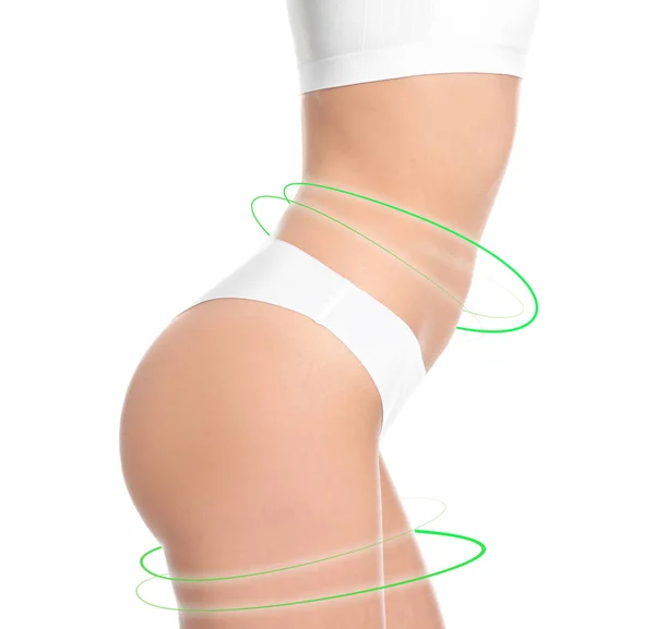 Attraktive junge Frau mit sexy schlanken Körper in Unterwäsche auf weißem Hintergrund, Nahaufnahme — Stockfoto