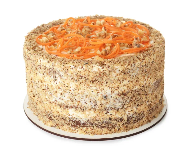 Plato con delicioso pastel de zanahoria sobre fondo blanco — Foto de Stock