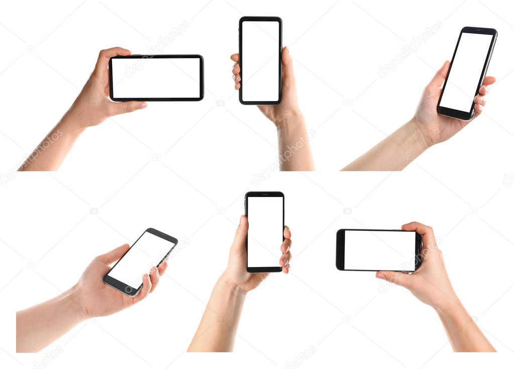Set with people holding smartphones on white background, closeup of hands. Space for text