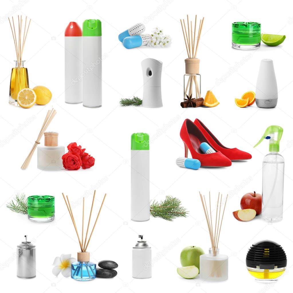 Set of different air fresheners on white background