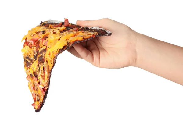 Mulher segurando fatia de pizza preta isolada em branco, close-up — Fotografia de Stock