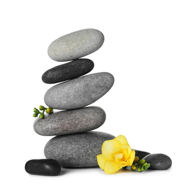 Stack of spa stones and beautiful flower on white background — Stock Photo, Image