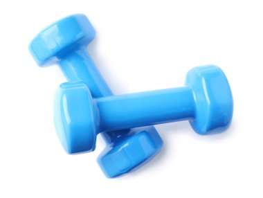 Beyaz arka planda renk dambıl. Ev fitness