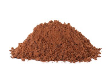 Beyaz arka planda çikolata protein tozu yığını