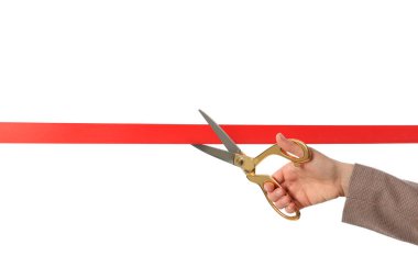 Kadın ofis takım elbise kesme kırmızı şerit üzerinde izole beyaz, kapatmak