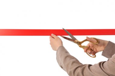 Kadın ofis takım elbise kesme kırmızı şerit üzerinde izole beyaz, kapatmak
