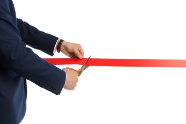 Adam ofis takım elbise kesme kırmızı şerit üzerinde izole beyaz, kapatmak