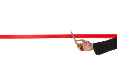 Adam ofis takım elbise kesme kırmızı şerit üzerinde izole beyaz, kapatmak
