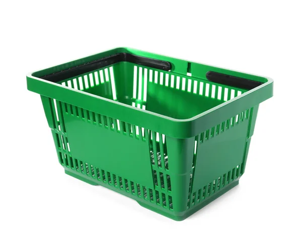 Cesta de compras de plástico de cor no fundo branco — Fotografia de Stock