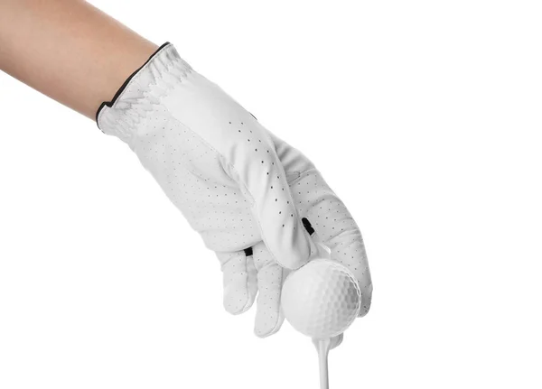Player putting golf ball on tee against white background, closeup — Stock Photo, Image