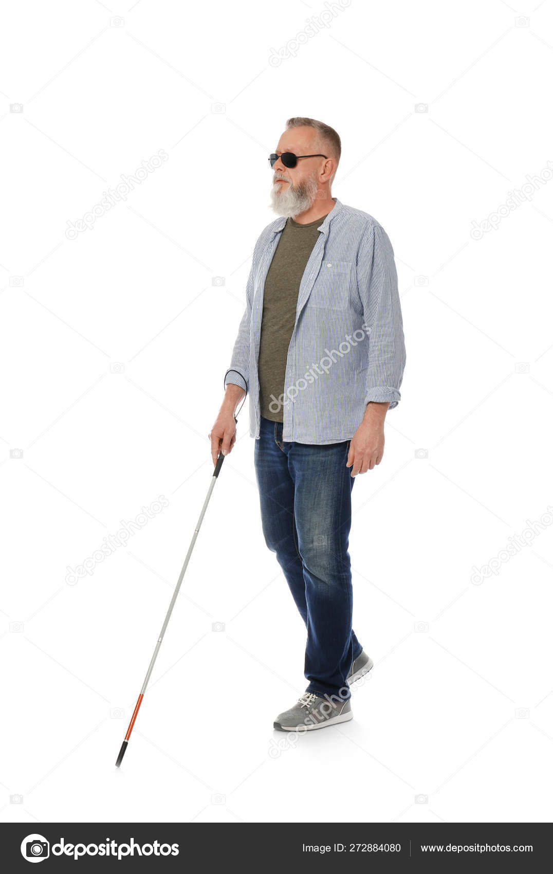Mature blind person with long cane walking on white background Stock Photo  by ©NewAfrica 272884080