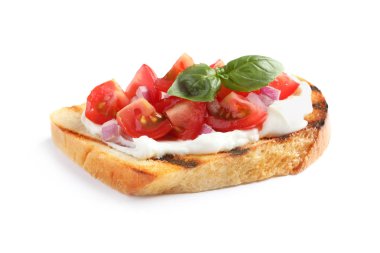 Beyaz arka planda domates ile lezzetli bruschetta