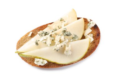 Beyaz arka planda armut ve peynir ile lezzetli bruschetta, üst görünümü