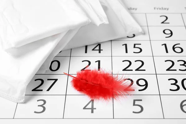 Imballato pastiglie mestruali con piuma rossa e calendario, primo piano. Cura ginecologica — Foto Stock