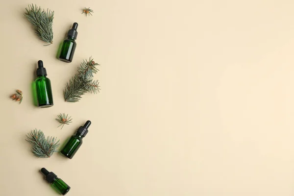 Platte lay compositie met flessen etherische olie en ruimte voor tekst op kleur achtergrond — Stockfoto