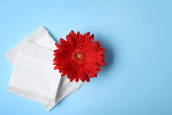 Composición plana con almohadillas menstruales y flor de gerberas sobre fondo de color, espacio para texto. Atención ginecológica —  Fotos de Stock