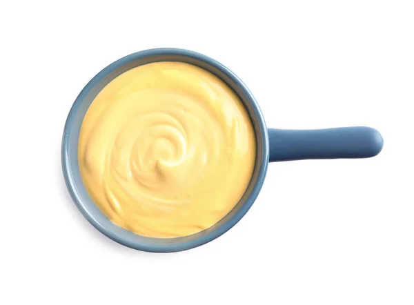 Pote com delicioso fondue de queijo no fundo branco, vista superior — Fotografia de Stock