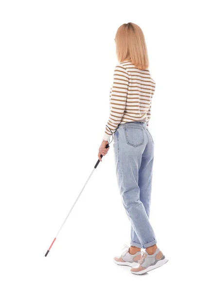 Slepý člověk s dlouhou hůlkou na bílém pozadí — Stock fotografie