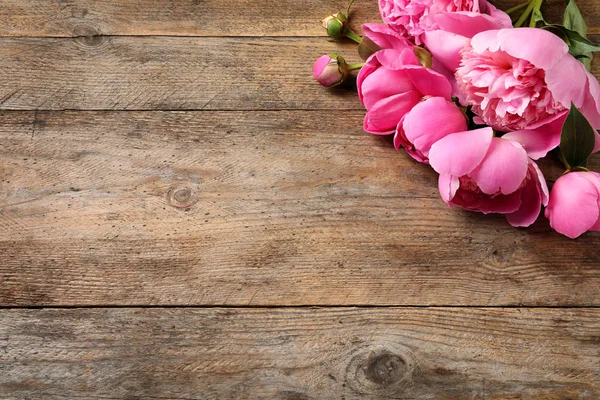 Geurige pioenrozen op houten tafel, Top uitzicht met ruimte voor tekst. Mooie lente bloemen — Stockfoto