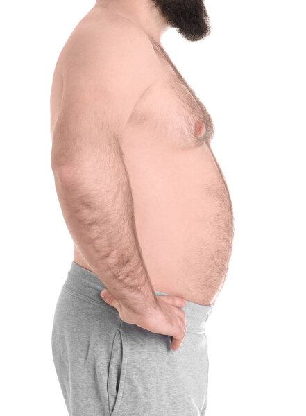 Overweight man isolated on white, closeup. Weight loss