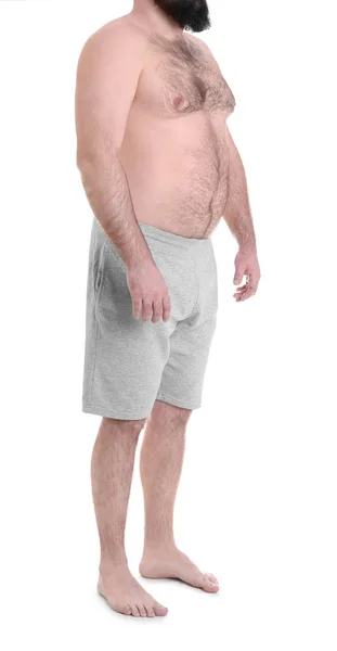 Człowiek z nadwagą wyizolowany na biało, zbliżenie. Utrata masy ciała — Zdjęcie stockowe