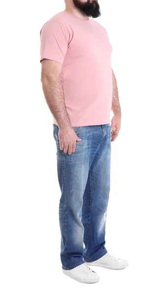 Overweight man isolated on white, closeup. Weight loss — Stock Photo, Image