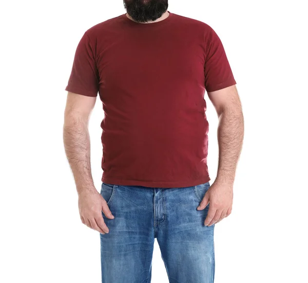 Człowiek z nadwagą wyizolowany na biało, zbliżenie. Utrata masy ciała — Zdjęcie stockowe