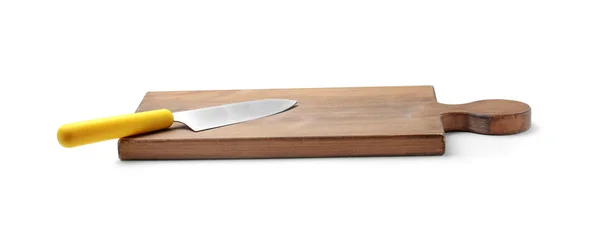 Rostfrittstål kniv med plasthandtag ombord mot vit bakgrund — Stockfoto