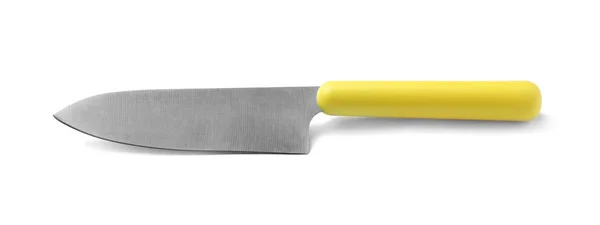 白い背景にプラスチックハンドルを持つステンレススチールシェフのナイフ — ストック写真