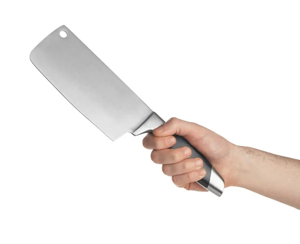 Man håller Cleaver kniv på vit bakgrund, närbild — Stockfoto