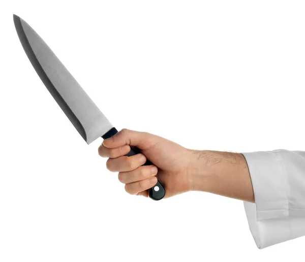 Man Holding kniv på vit bakgrund, närbild — Stockfoto