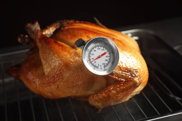 Roasted turkey with meat thermometer on baking rack