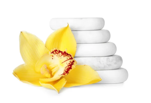 Stacked spa stones and beautiful orchid on white background — Stock Photo, Image