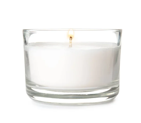 Καύση κερί σε γυάλινο υποδοχέα σε λευκό φόντο — Φωτογραφία Αρχείου