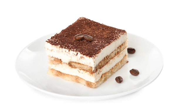 Plate of tiramisu cake isolated on white