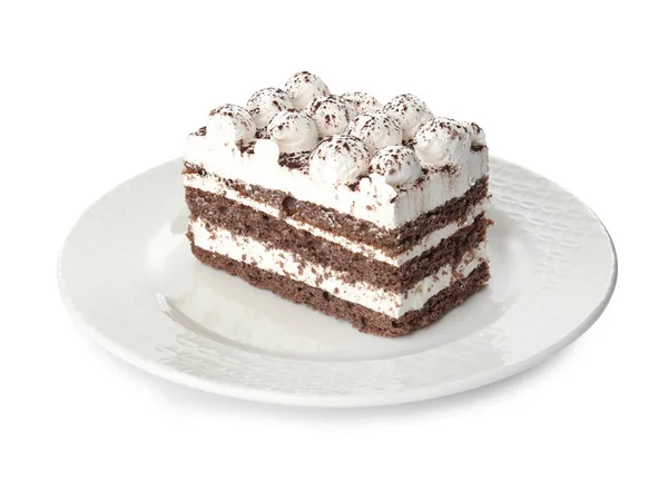 Placa de bolo tiramisu isolado em branco — Fotografia de Stock