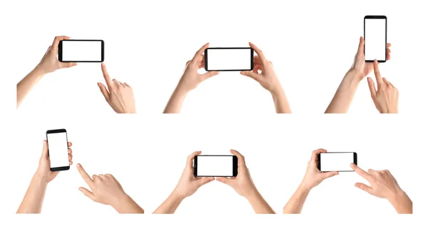 Set mit Menschen, die Smartphones auf weißem Hintergrund halten, Nahaufnahme von Händen. Raum für Text — Stockfoto