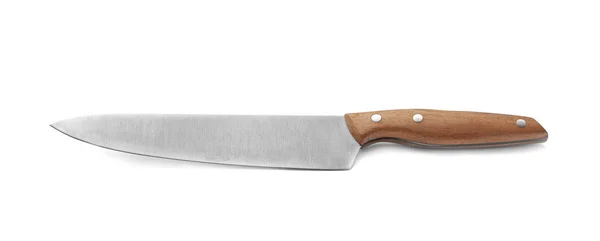 Nóż szefa kuchni ze stali nierdzewnej z drewnianą rękojeścią na białym tle — Zdjęcie stockowe