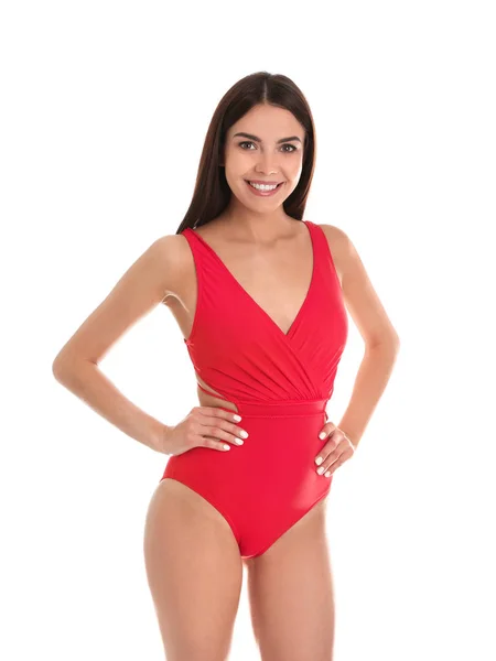 Portrait of attractive young woman with slim body in swimwear on white background — Stock Photo, Image