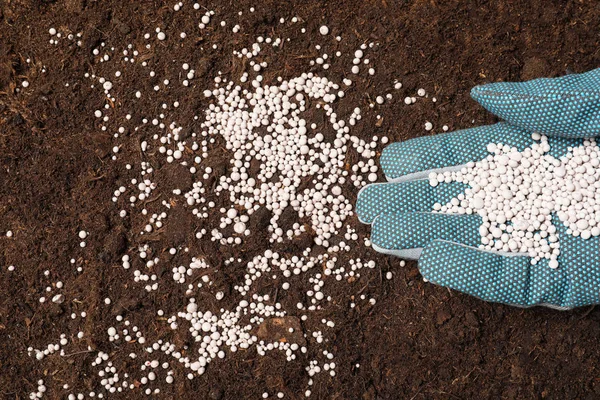 Femme fertilisant le sol, vue rapprochée. Saison de jardinage — Photo