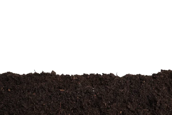 Warstwa świeżej gleby na białym tle. Czas ogrodnictwa — Zdjęcie stockowe