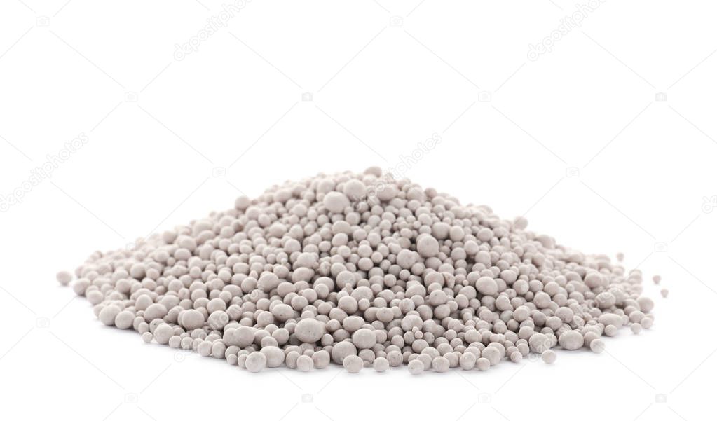 Pile of chemical fertilizer isolated on white. Gardening time
